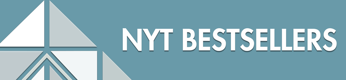 Teal background with white text saying 'NYT Bestsellers' next to a geometric triangle design. Clean and informative tone.
